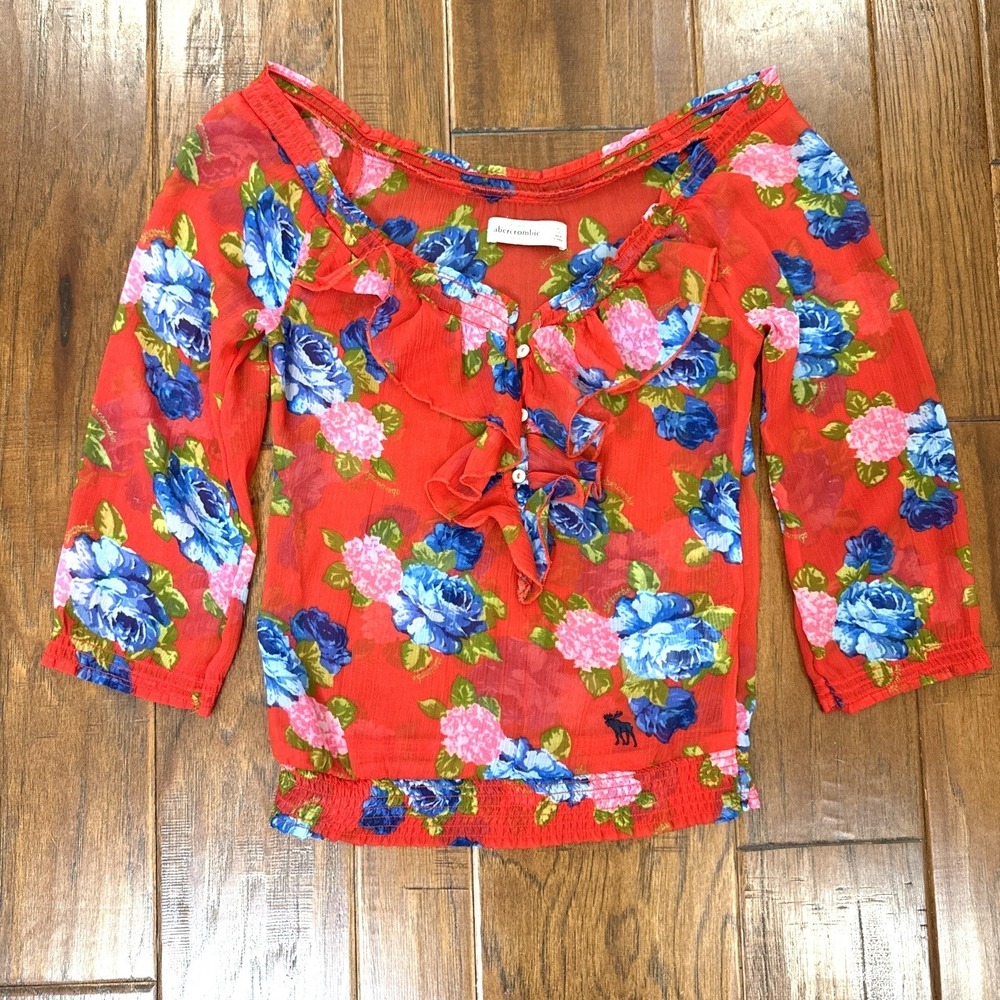 Abercrombie Kids Floral Sheer Ruffle Blouse Top Girl S Red Smocked Hem Boho Prep